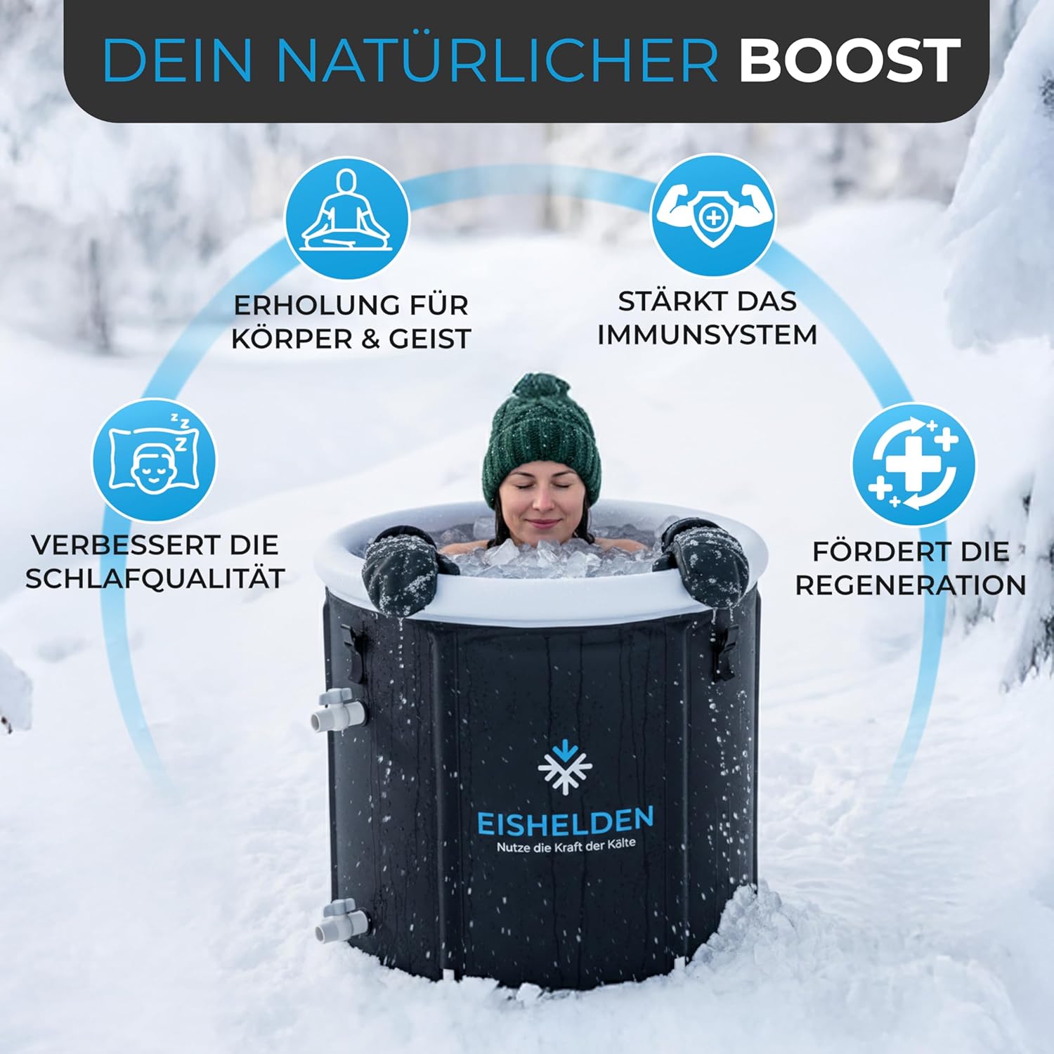 Premium Eisbad (80 cm Ø) XL Komplettset - Kryotherapie für Sportler & Anfänger, erleben Sie die regenerative Kälte zu Hause - Eistonne mit 5 dicken Isolierschichten