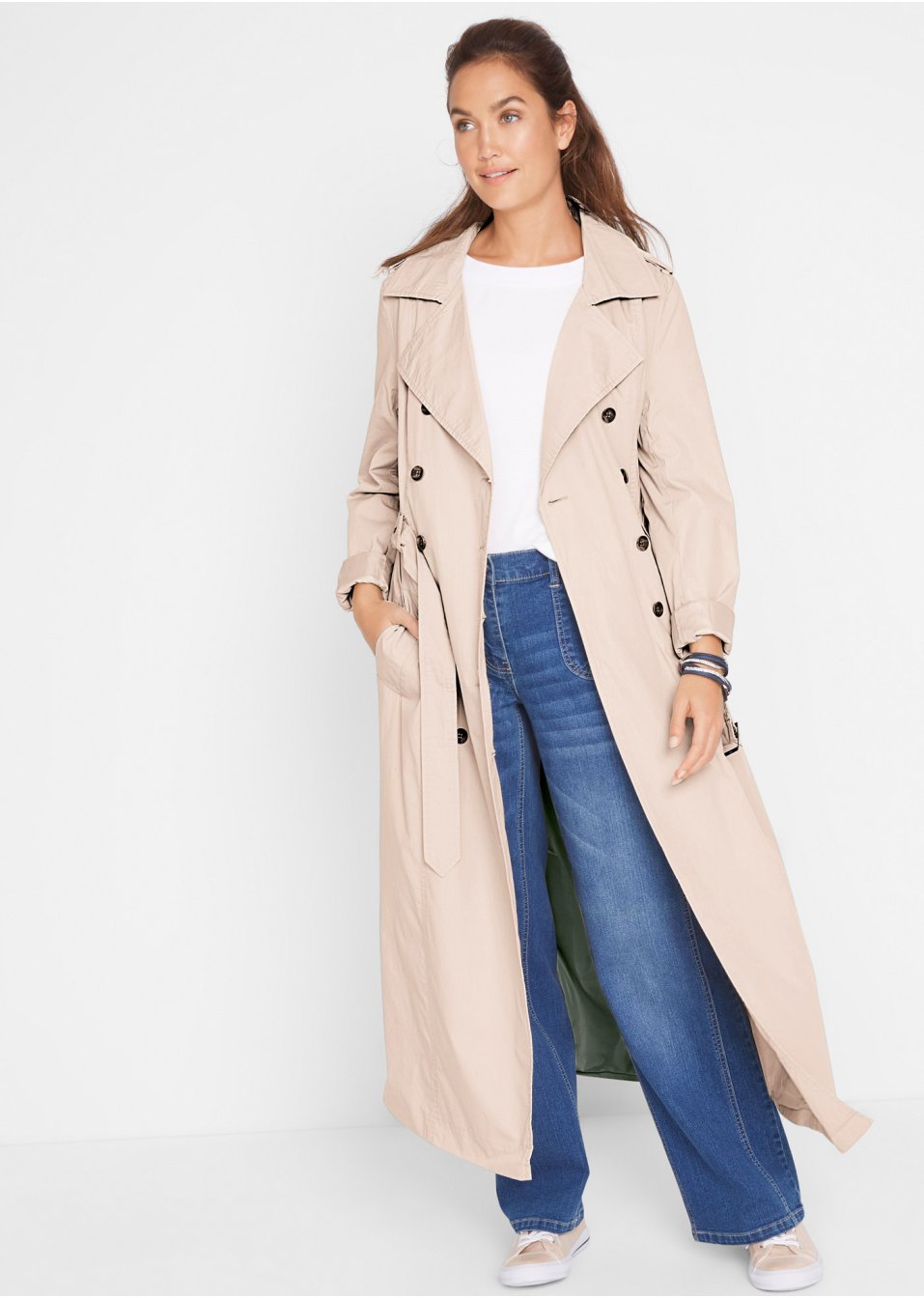 Trench-coat long ceinturé à la taille