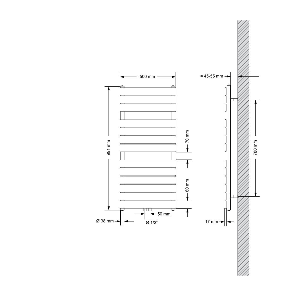 LuxeBath Badkamerradiator Stoom 500x991 mm Mat Zwart, 50 mm Middenaansluiting, Enkellaags, Plat, Verticaal, Designradiator Handdoekverwarmer Handdoekdroger Handdoekradiator Paneelradiator Verwarming