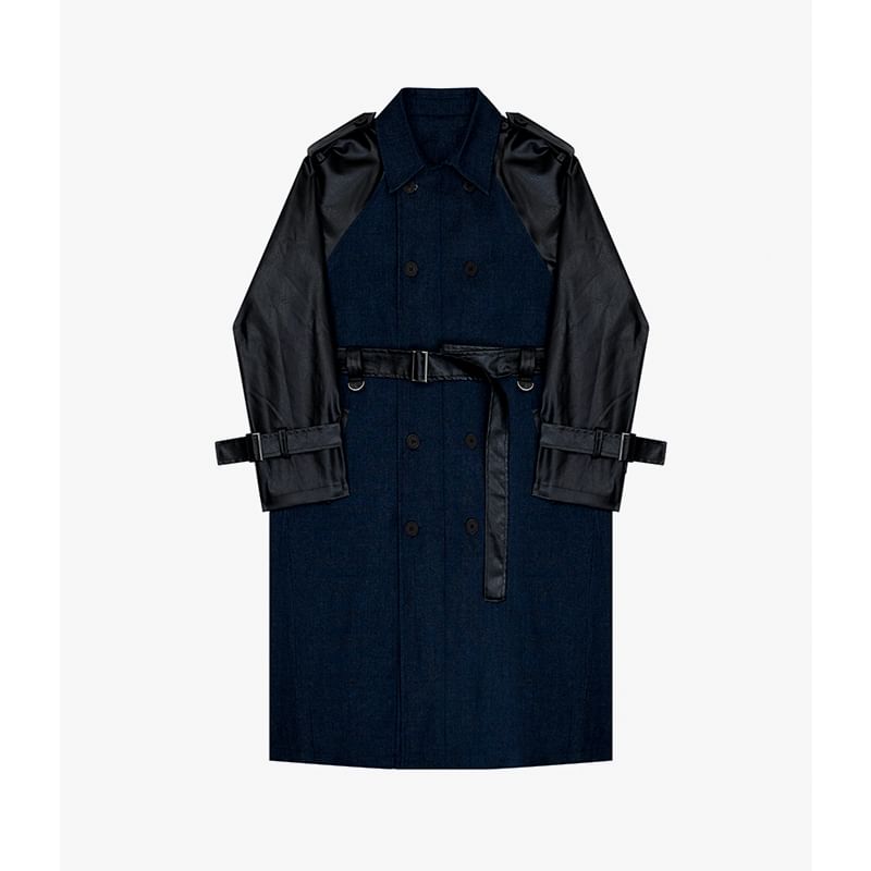 Adotuastic - Midi-jas van imitatieleer met kraag en dubbele rij knopen en riem van denim