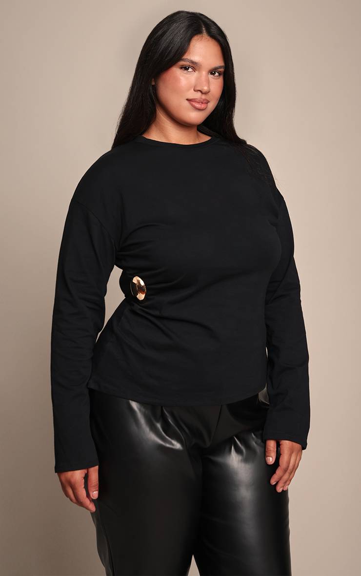 Noir T-shirt Grande Taille En Coton À Manches Longues Avec Détail De Bande Latérale