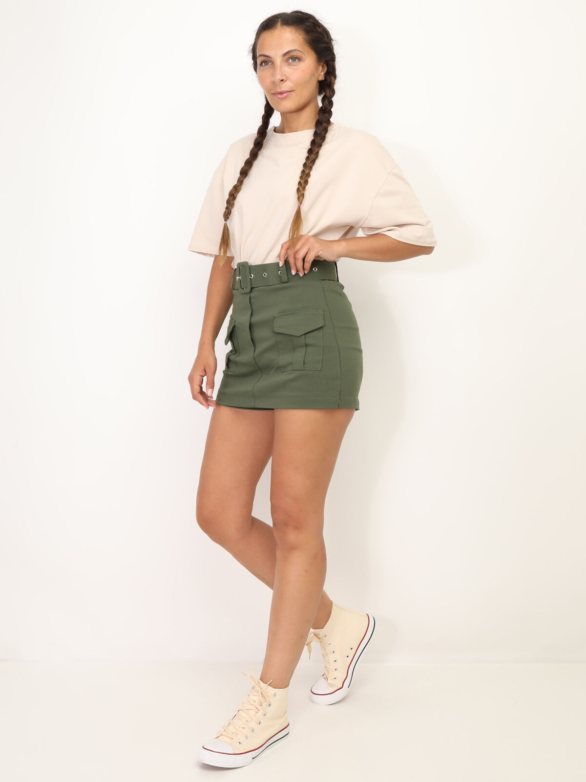 Jupe-short ceinturée à poches- Kaki