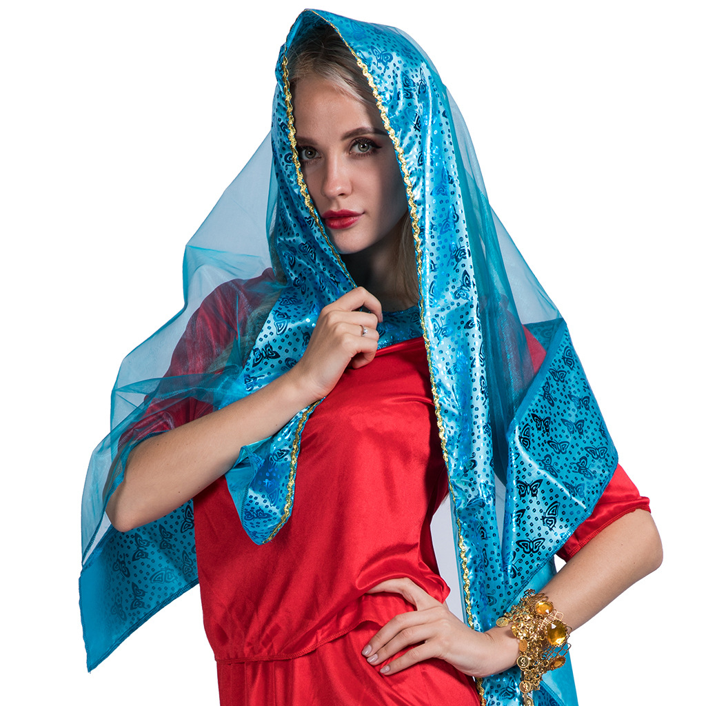(180cm) Fasnachts Erwachsenen Kostüm Orientalische Bollywood Verkleidung für Motto Partys / Halloween inkl. Dupatta Schleier - Blau / Rot