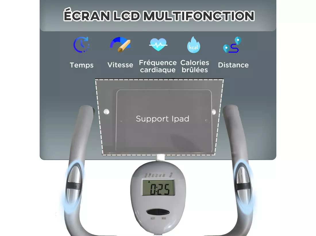 Vélo d'appartement pliable grand confort dossier selle réglable poignées ergonomiques écran LCD multifonction support tablette acier blanc gris