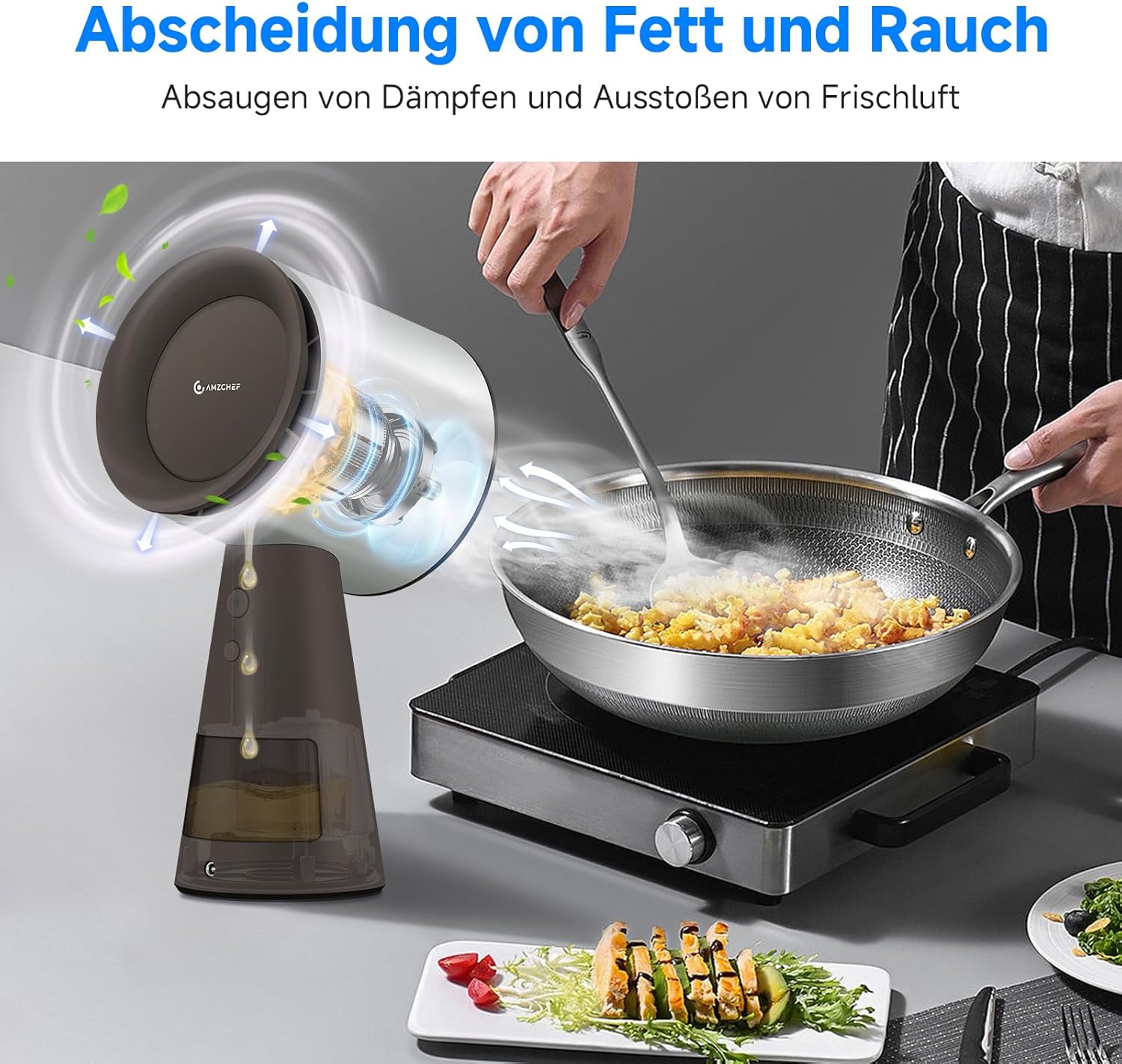 AMZCHEF Mobile Dunstabzugshaube, Tragbare Abzugshaube Keine Installation mit 3 Geschwindigkeitsmodi und Mehrere Filtersysteme, LED-Licht, Große Öl-Auffangschale, Geräuscharmut(Braun)