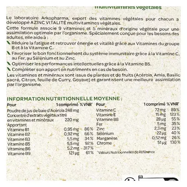 Arkopharma Azinc Natural Vitality 30 comprimidos