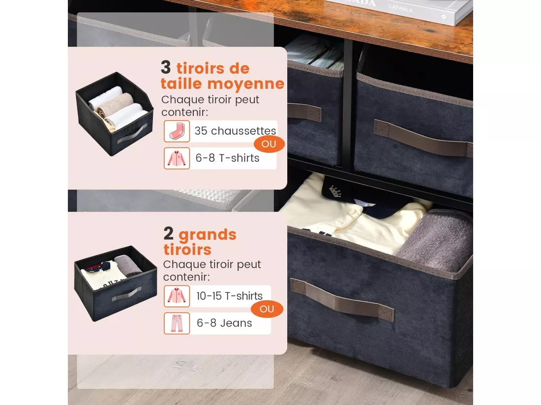 Commode Chambre 5 Tiroirs en Tissu, Meuble de Rangement Industriel avec 2 Étagères, Kit Anti-basculement Inclus, Commode Rangement Adulte Cadre en Métal pour Salon, Entrée, 84x30x85cm