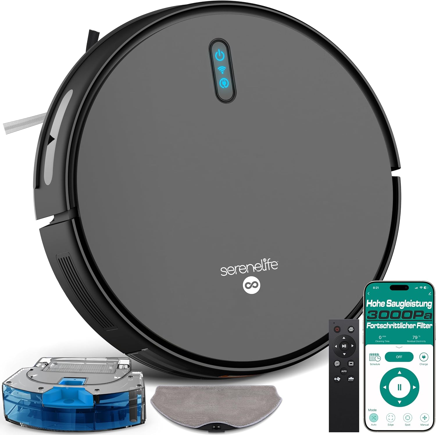 SereneLife Saug Wischroboter mit Selbstreinigung, 3000pa- Saugwischer Roboter, Saugroboter mit APP Steuerung & Selbstaufladend, 4 Reinigungsmodi, Staubsauger Roboter für Tierhaare, Weiche/Harte Böden