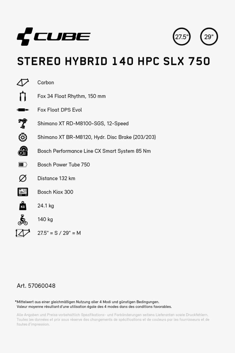 CUBE Stereo Hybrid 140 HPC SLX 750 27.529 E-Mountainbike 2024