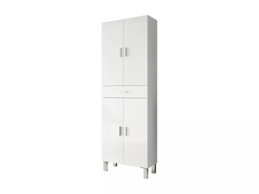 Armoire polyvalente Oxnard, Meuble de salle de bain ou buanderie avec 4 portes et 1 tiroir, Armoire à chaussures polyvalente, 60x29h182 cm, Blanc brillant
