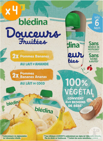 Blédina Gourdes Douceurs Fruitées 100% Végétal Multivariées 4x90g