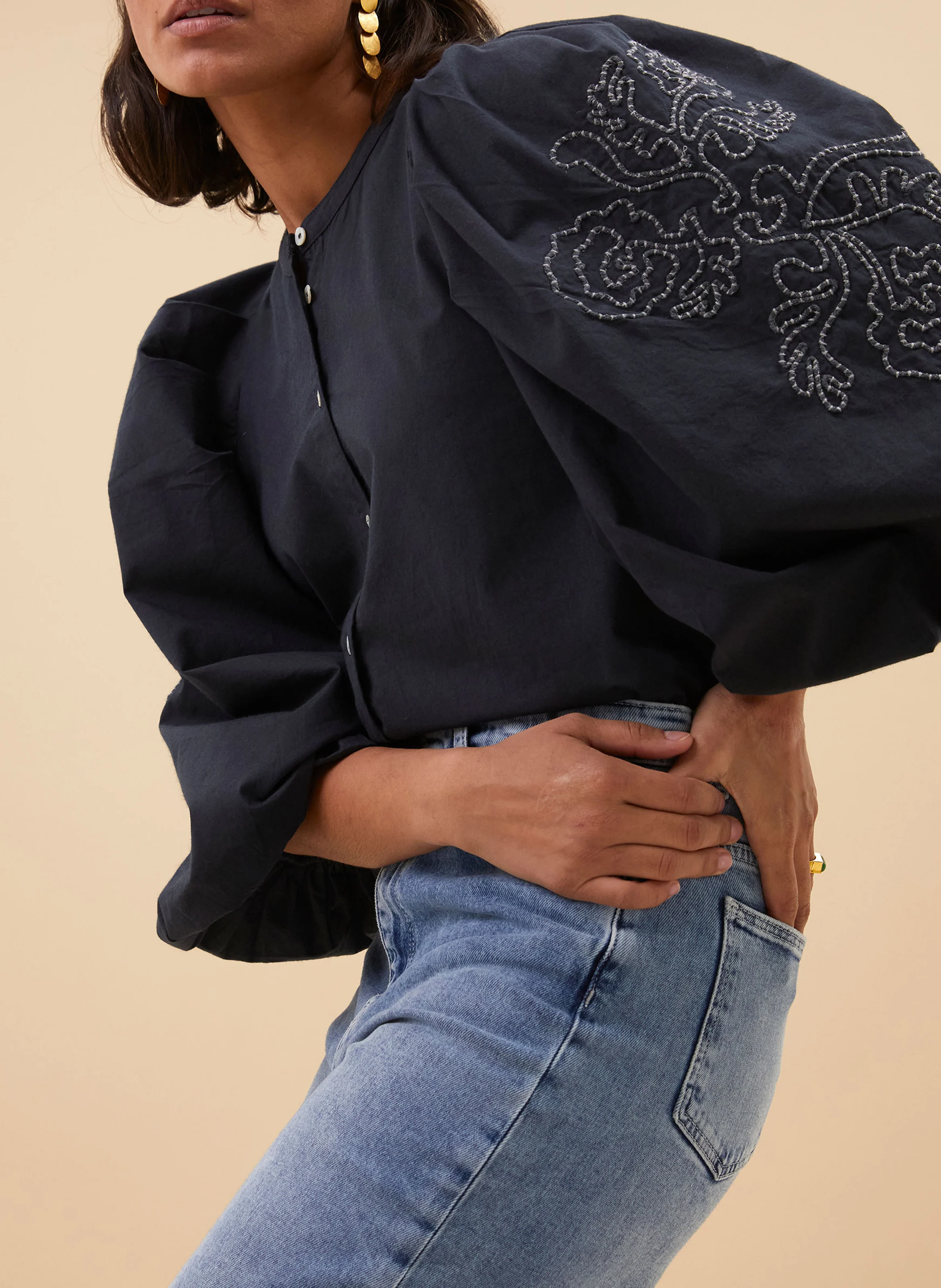 ZIGGY - Blouse col rond brodée en coton| Bleu