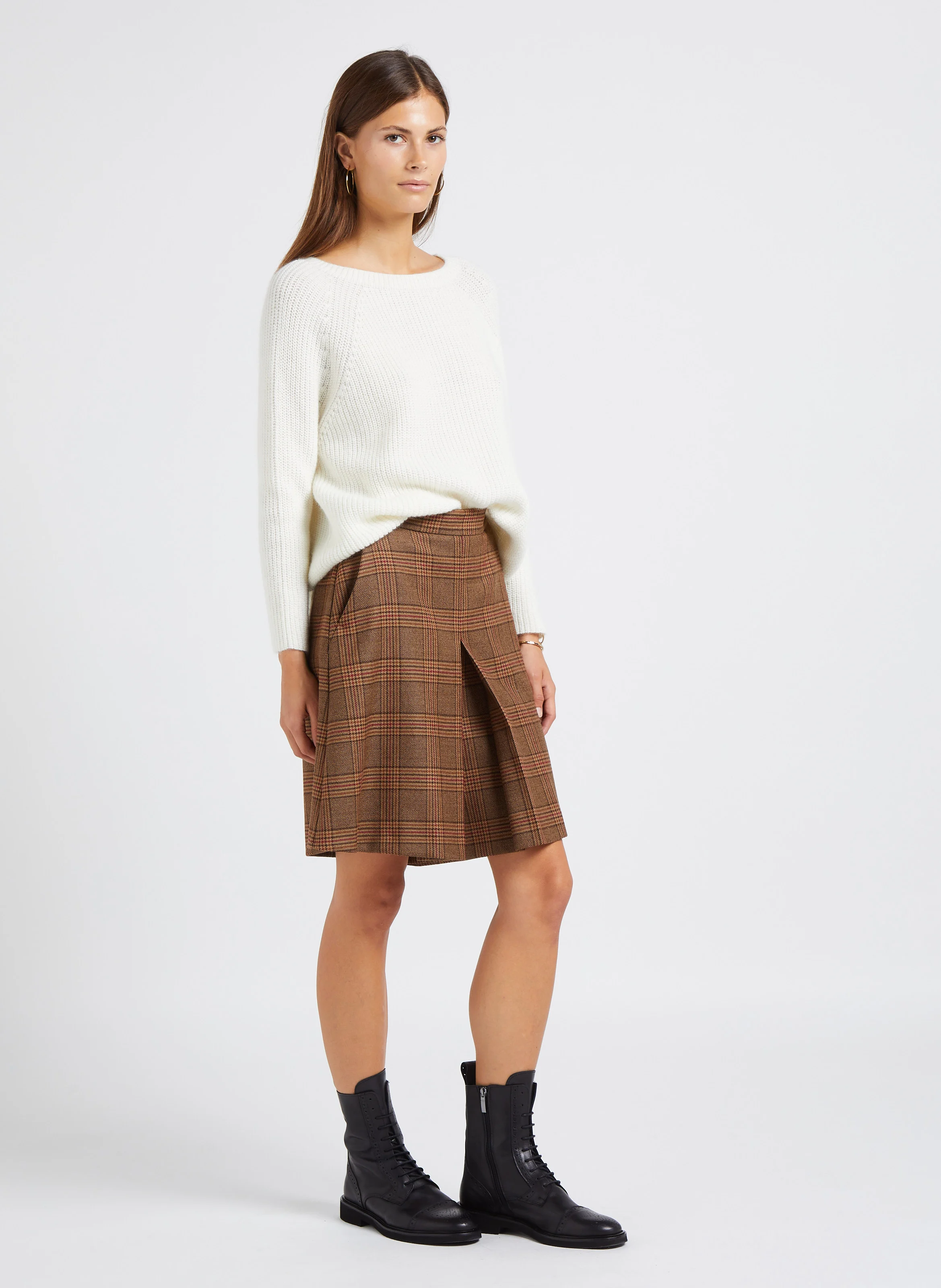 BRAMA - Short taille haute à carreaux en laine | Marron