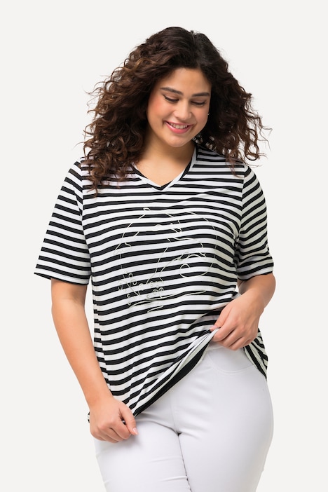 Shirt, Ringel, Metallic-Tier, V-Ausschnitt, Halbarm