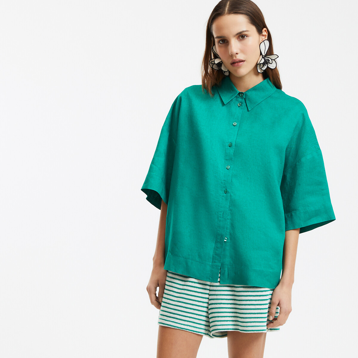 COLEÇÕES LA REDOUTE<br>Camisa de linho folgada com mangas até o cotovelo ÂMBAR