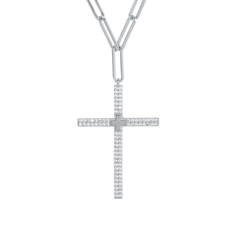 Collier Argent Rhodié Croix Sertie De Zirconiums Blanc