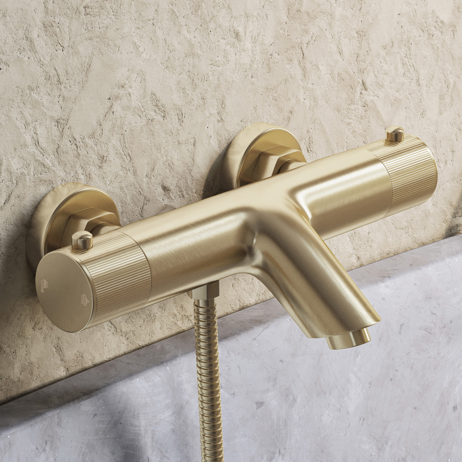 Saniclear Brass Stripes thermostatische opbouw badkraan met handdouche geborsteld messing - mat goud