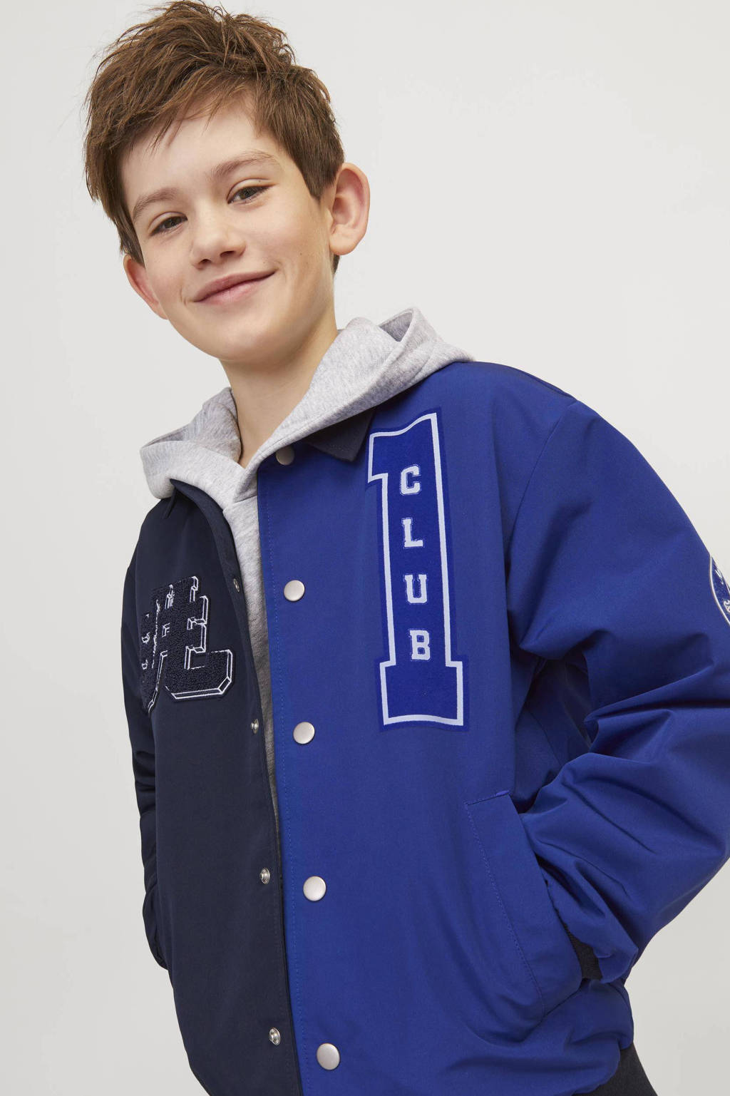 JACK & JONES bomberjack zomer JORECOLE met printopdruk en 3D applicatie donkerblauw/blauw