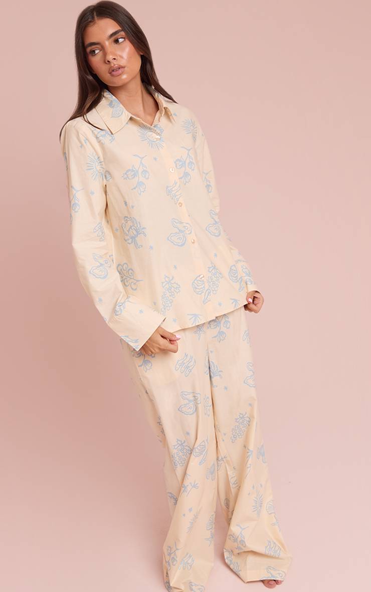 Beige Pyjama Large À Boutons Imprimé Bleu