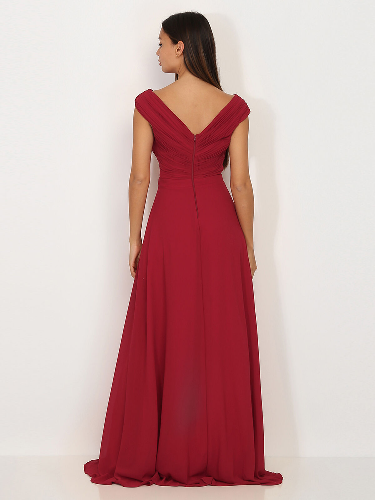 Robe longue drapée avec fente- Rouge
