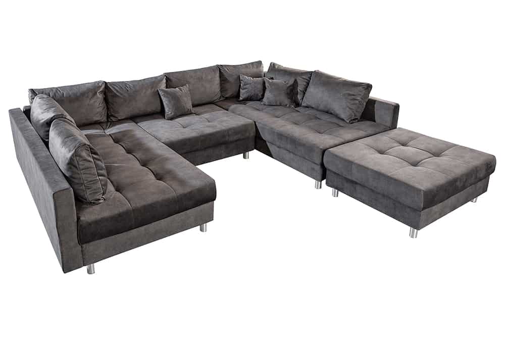 Moderne XXL Wohnlandschaft KENT 305cm grau Samt Bigsofa inkl. Hocker Federkern