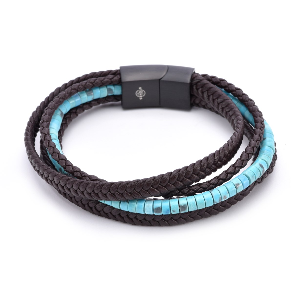 Bracelet Cuir Marron Tressé Avec Perle De Heishi Turquoise-XXL-22cm
