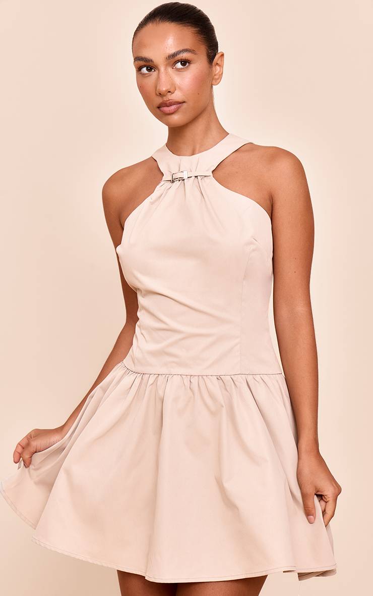Gris Pierre Robe Droite Plissée Sans Manches Avec Détail Ceinture