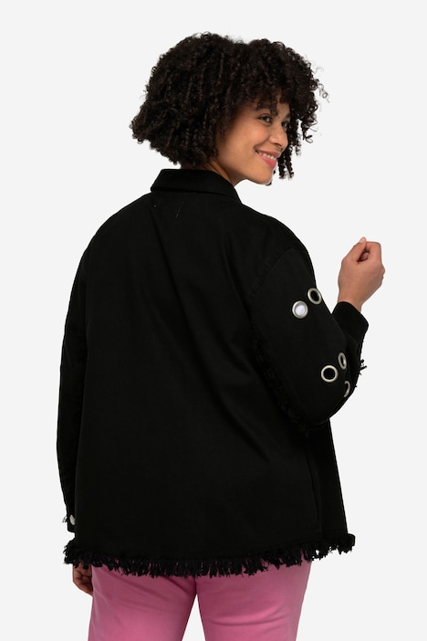 Jeansjacke, Ösen, Fransensaum, Hemdkragen, Langarm