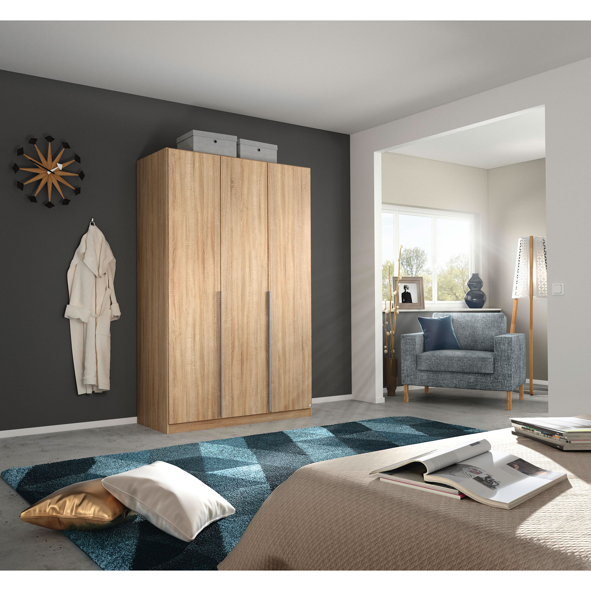 Drehtürenschrank - Eiche Sonoma - 3-türig - 136x210 cm