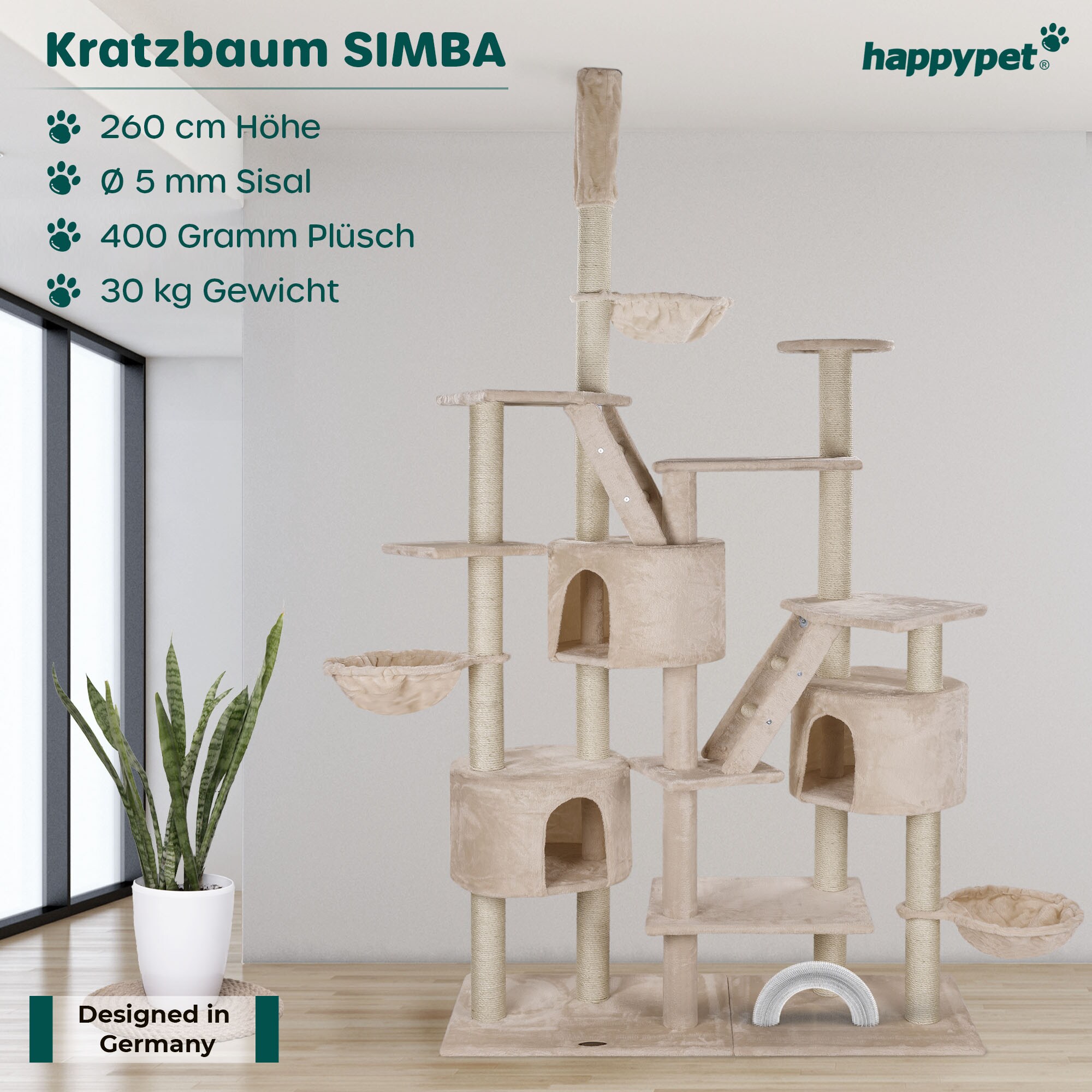 HAPPYPET Kratzbaum deckenhoch bis 260 cm Kletterbaum SIMBA - Extra breit, Häuser, Treppen, Liegemulden, großer XXL Katzenbaum Stabil für Katzen, 9 cm Säulen | Beige