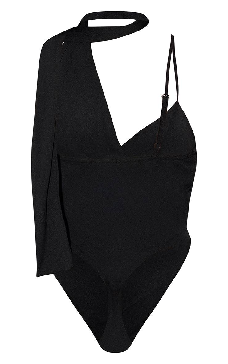 Noir Body Moulant À Col Bénitier Avec Détail Foulard Peau D'oignon Et Coupe Échancrée