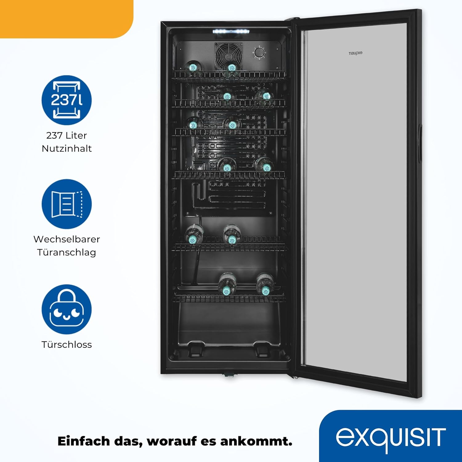 Exquisit Glastürkühlschrank GKS240-GT-160C schwarz | Nutzinhalt: 237 L | Türschloss | 6 Gitterablagen | Umluftventilator | Standgerät
