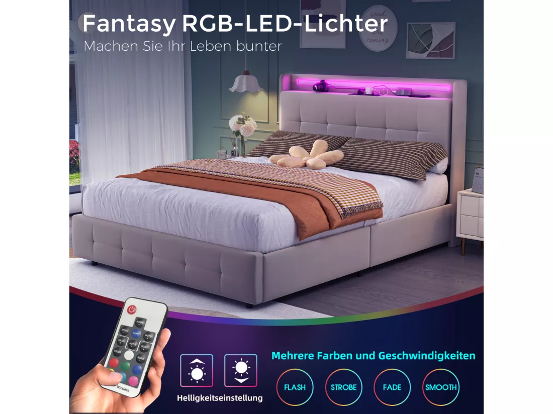 Lit double rembourré 160x200 cm Lit adulte avec lit gigogne éclairage LED 2 tiroirs ports USB et sommier à lattes - beige