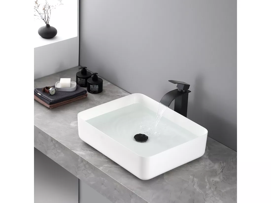 Cecipa max Robinet de Lavabo Cascade Noir, Robinet de Lavabo de Comptoir à Poignée Unique Pour SDB, Mitigeur de Lavabo Design Moderne,EU Modèle