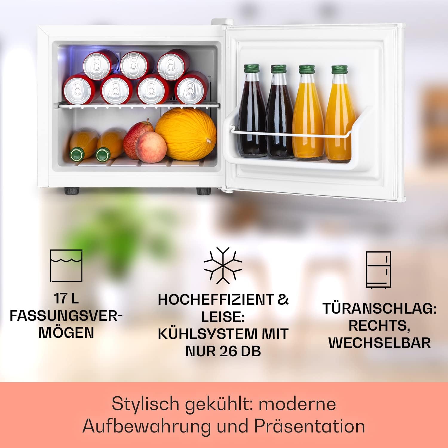 Klarstein Kühlschrank, Mini-Kühlschrank für Getränke, Kühlschrank Klein, Kleiner Kühlschrank Lautlos, Skincare Fridge, 3 Kühlstufen, Camping Kühlschrank, Minikühlschrank für Zimmer, Büro 0-15°C, 17 L