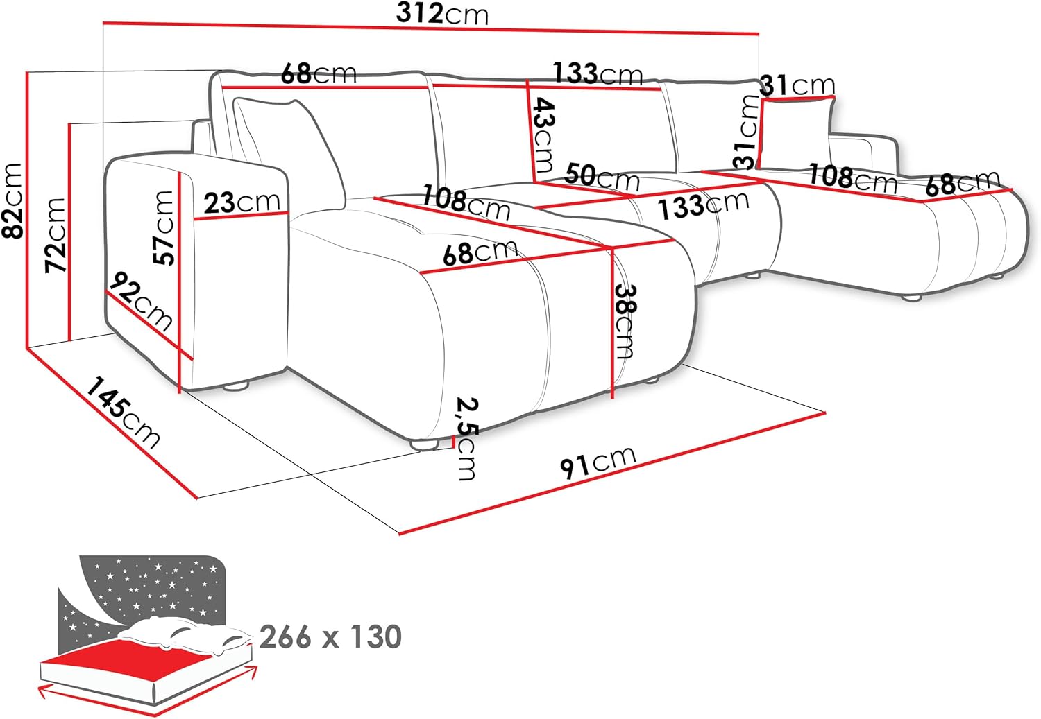 Mirjan24 Wohnlandschaft Furyn U Boucle, Ecksofa mit Schlaffunktion und Bettkasten, U-Form Couch, symmetrisches Polstersofa, Eckcouch (Coral 45)