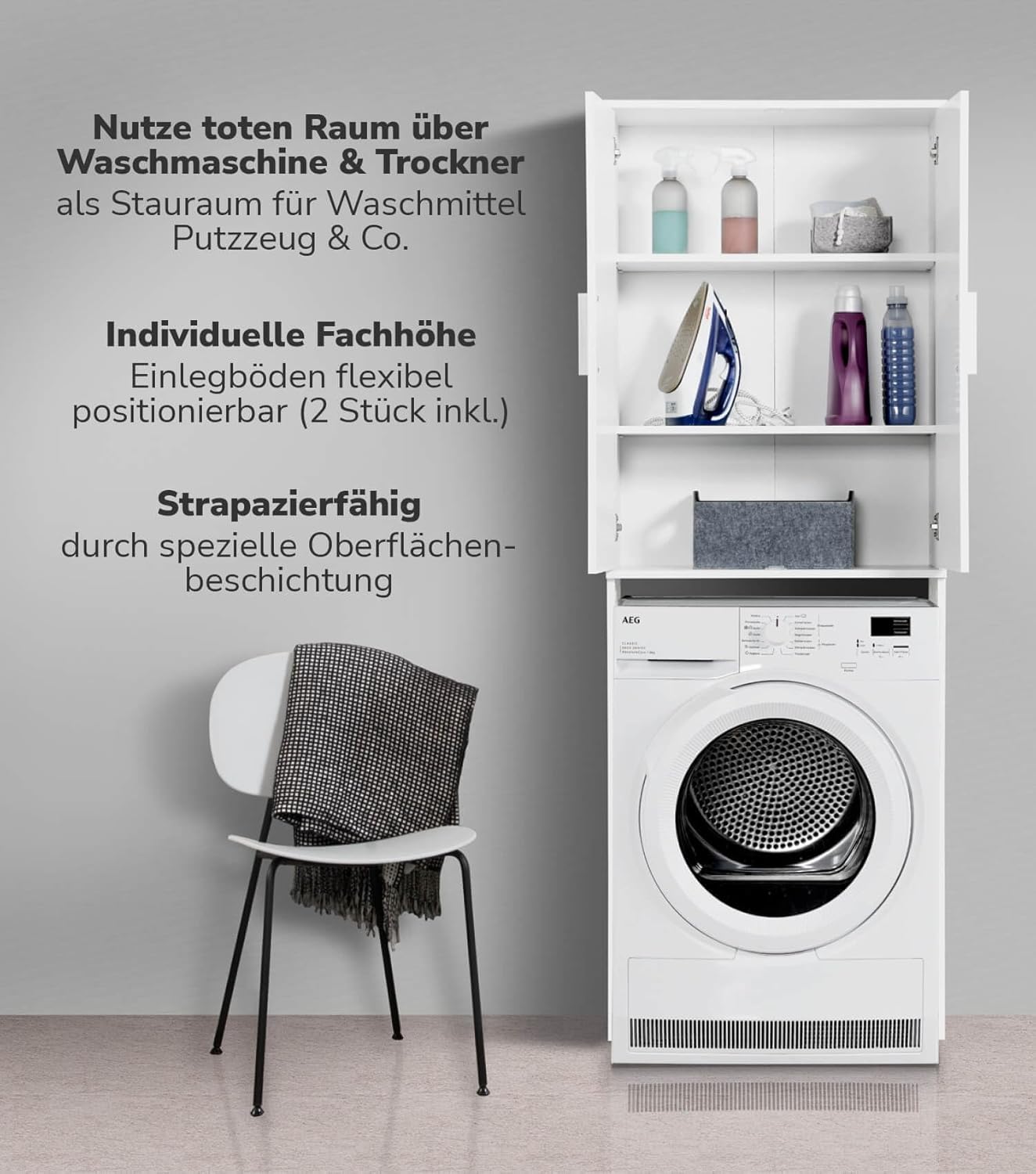 mokebo® Waschmaschinenschrank für Waschmaschinen & Trockner 'Der Saubermann', Überbau oder Überbauschrank mit Türen in Weiß aus Holz, auch als Toilettenregal oder WC-Regal in 65x180x34cm (B/H/T)