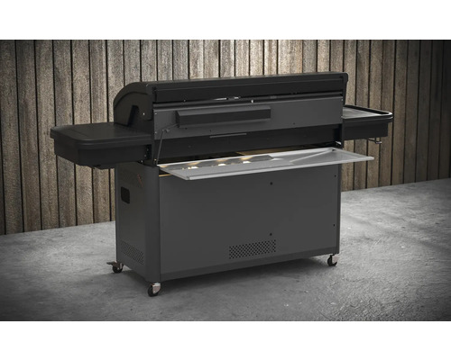 Tenneker® Halo TG-5 U Gasgrill 204,6 x 65,6 x 117 cm 5-pits + zijbrander en achterbrander, gietijzeren rooster, platformsysteem, glazen inzetstuk in het deksel