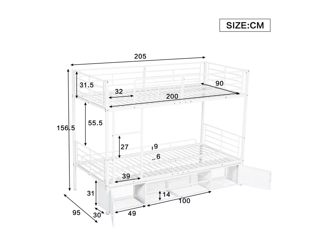 Lit superposé 90x200cm en fer - avec meuble à chaussures et échelle - Blanc