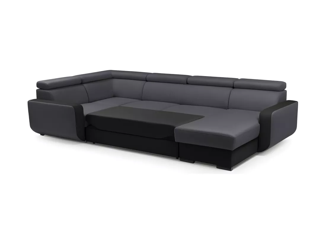Canapé panoramique convertible EMPERO U en tissu et simili gris et noir