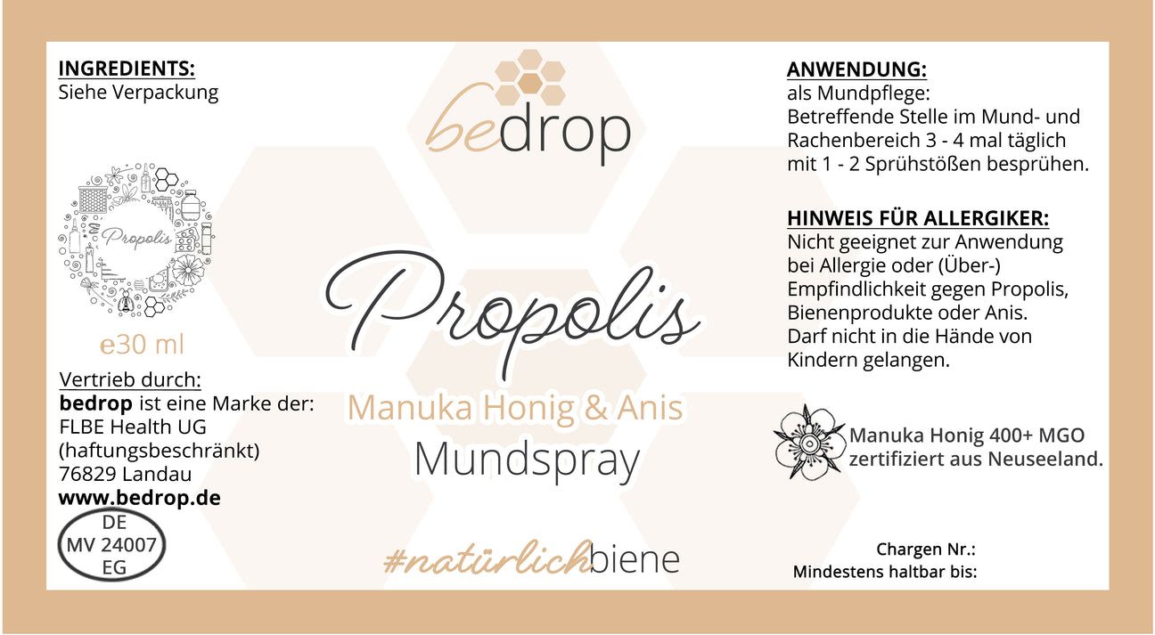 bedrop Propolis Halsspray / Mundspray mit Manuka Honig & Anis