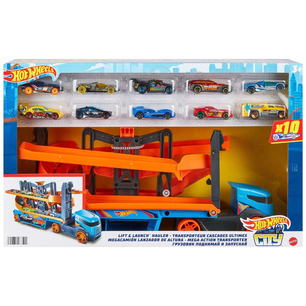 Hot Wheels Lift & Launch Hauler Spielset mit 10 Die-Cast-Fahrzeugen