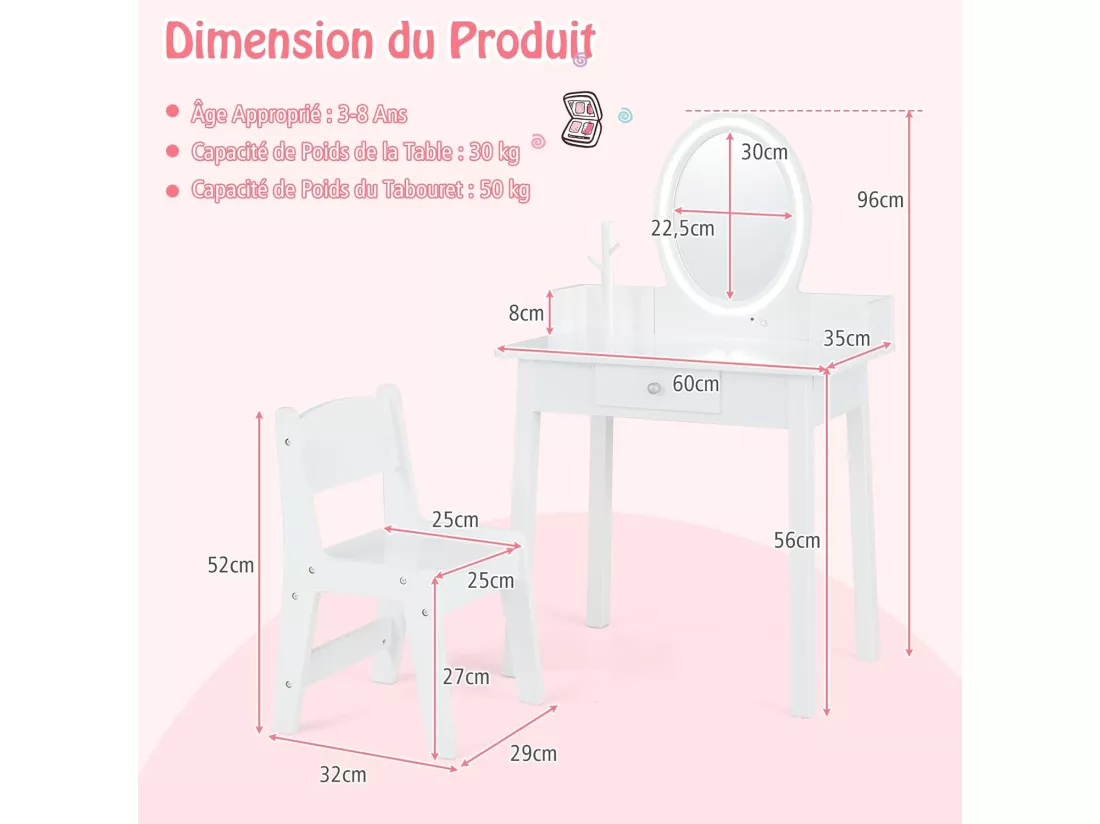 2 en 1 Coiffeuse Enfants avec Tabouret & Miroir Amovible, Table de Maquillage avec Tiroir & Organisateur en Forme Arbre, Dispositif Anti-basculement, Charge 50kg pour Enfants de 3-8 Ans