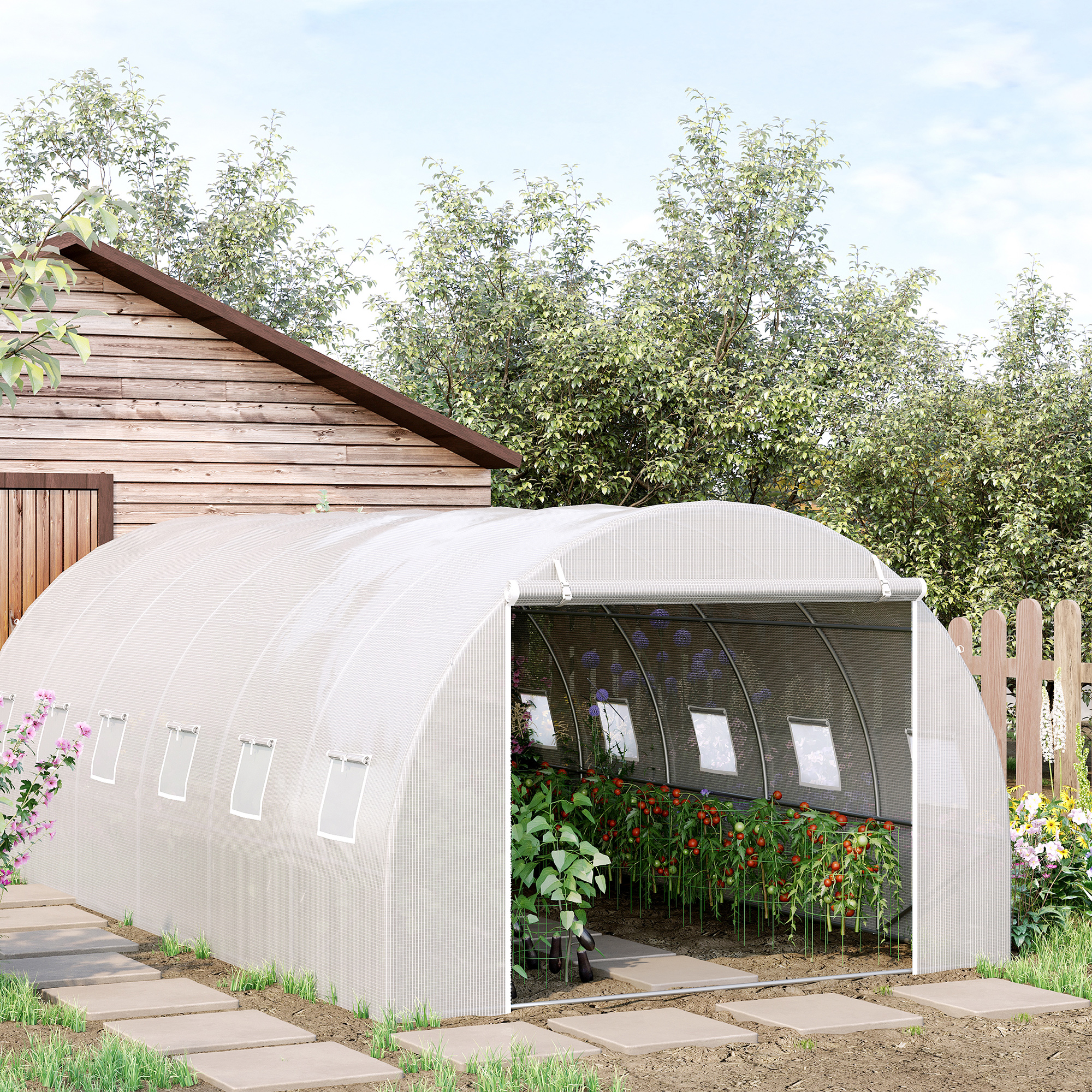 Estufa túnel Outsunny 6x3x2 m com porta de enrolar, 12 janelas, cobertura em PE de 140 g/m² e estrutura metálica galvanizada para cultivo de plantas e hortaliças, branca.