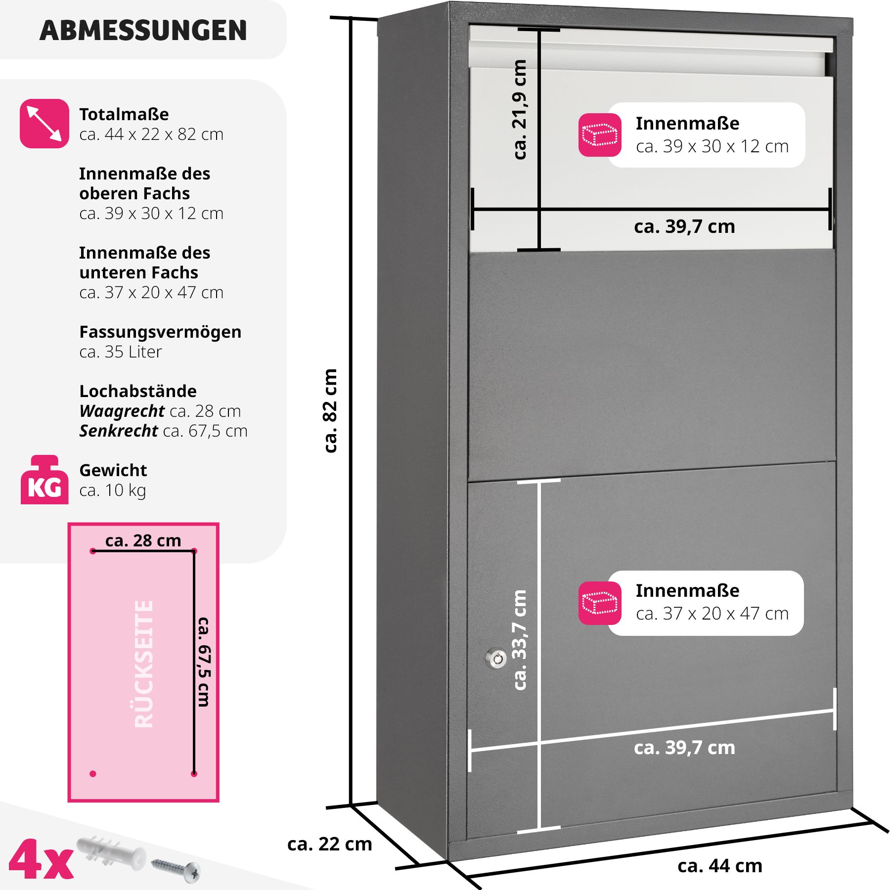 tectake® Paketbox, mit integrierter Rückholsperre, zur Wandmontage, Paketmaße bis 39 x 30 x 12 cm
