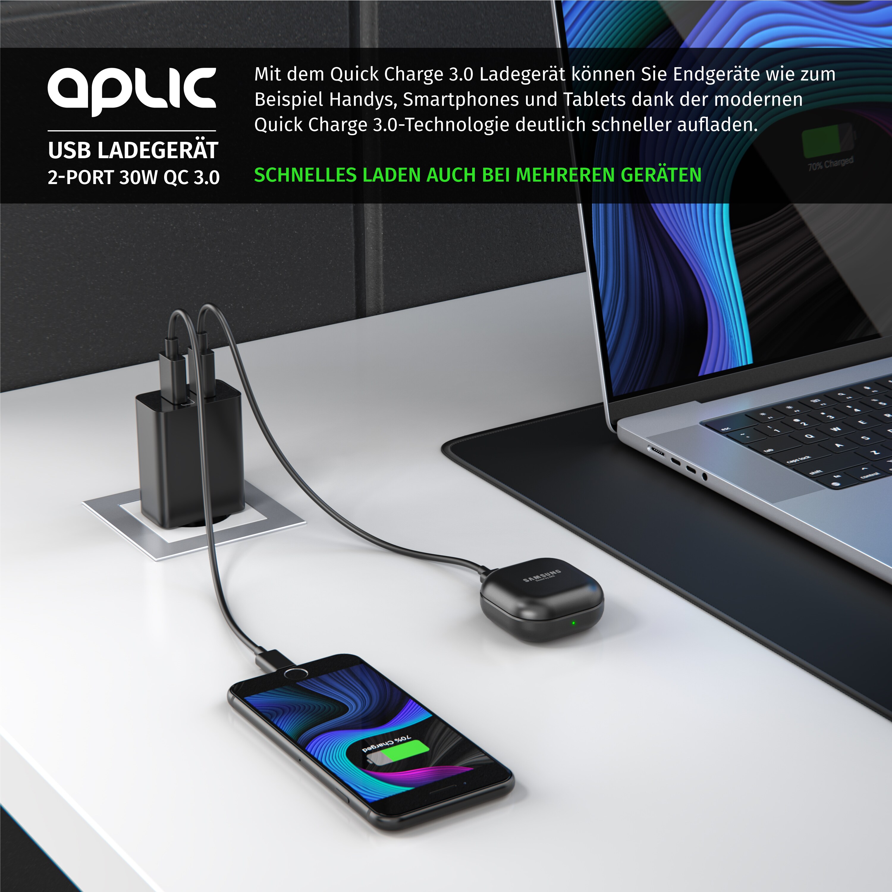 Aplic USB-Ladegerät 3000 mA, 2-Port, 30W, Quick Charge 3.0 (QC 3.0) Schnelladefunktion