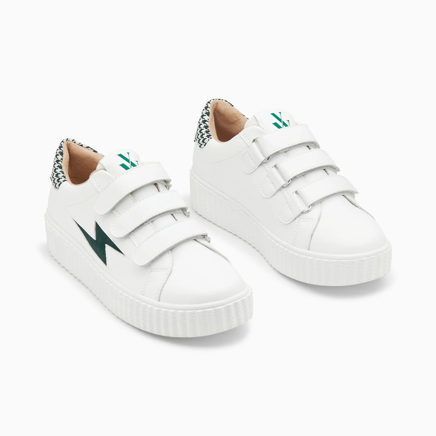 Sneakers-Baskets éclair Sansa blanc et vert pied-de-poule à scratchs