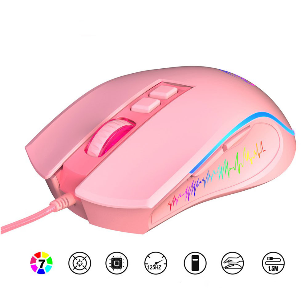 Optische kabelgebundene USB Gaming Maus 3600 DPI mit RGB Beleuchtung und 7 Tasten - Pink