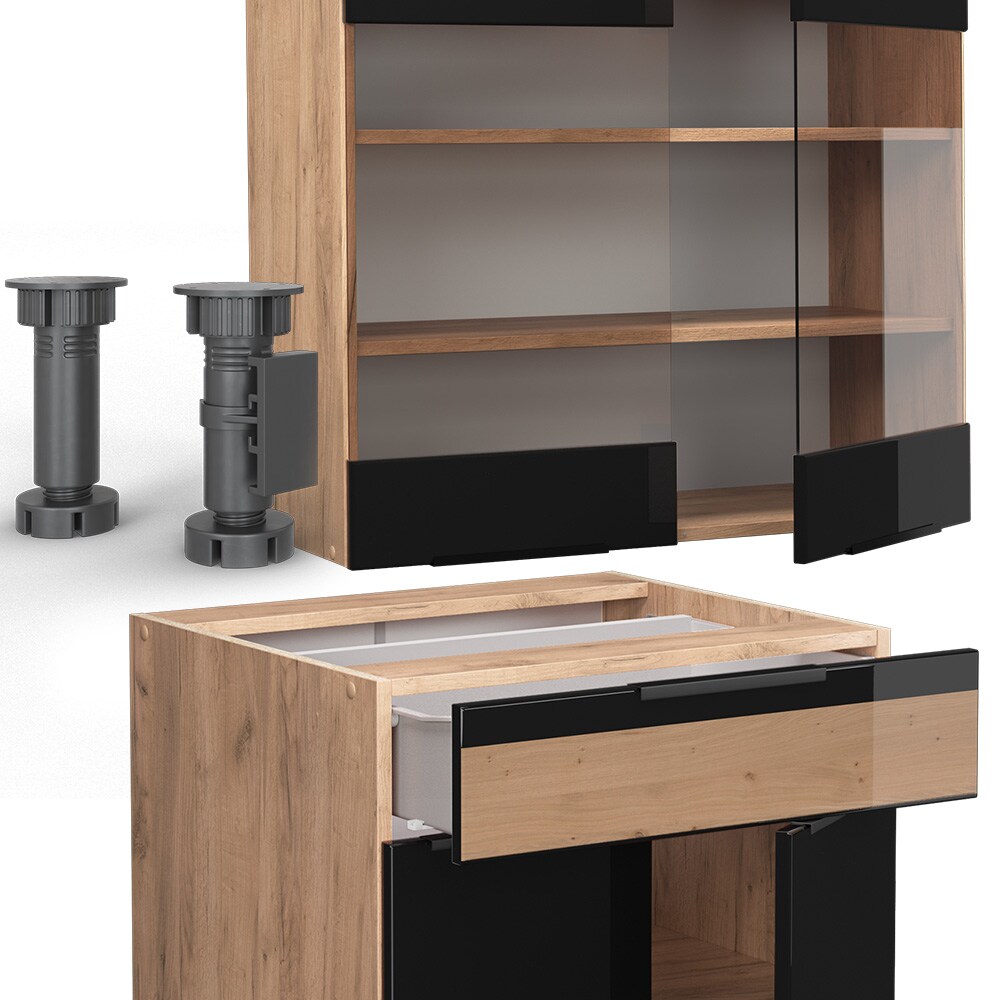 Vicco Küchenzeile Küchenblock Einbauküche Fame-Line Eiche Schwarz 140 cm modern Hochglanz Küchenschränke Küchenmöbel