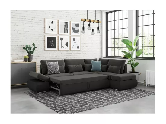 Canapé d'angle Sebastian Réversible et Convertible avec coffre en simili et tissu - Gris anthracite - L267 x P200 x H90cm - Loungitude